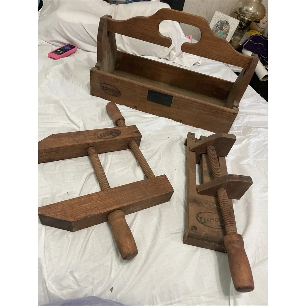 Vintage Wood Clamp, Sears Craftsman Lot Of 2 With Wooden Tool Carrier